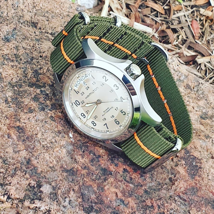 Urban Khaki Green with Orange Stripe One Piece Nylon Strap