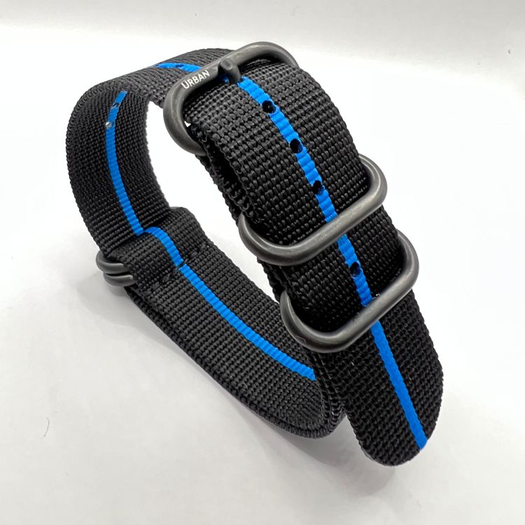 Urban Rugged Black with Blue Stripe -  Brushed Black PVD Buckle