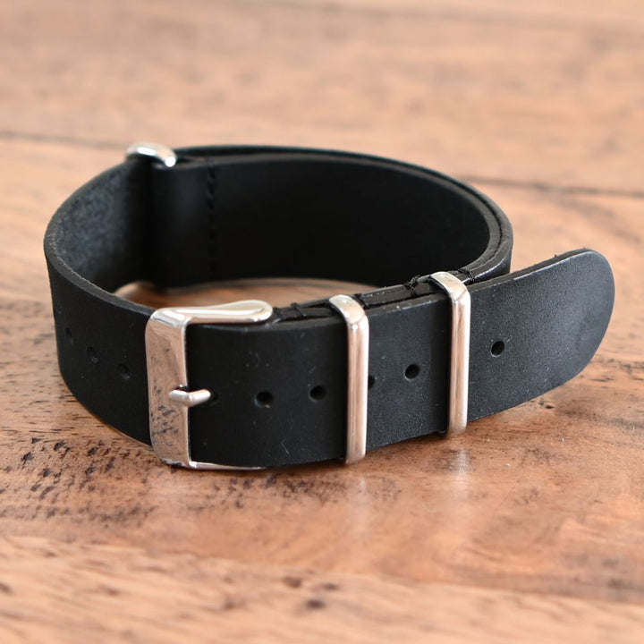 Distressed Black Vintage Leather One Piece Strap