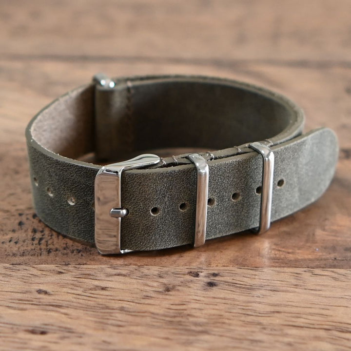 Distressed Dark Olive Green Vintage Leather One Piece Strap